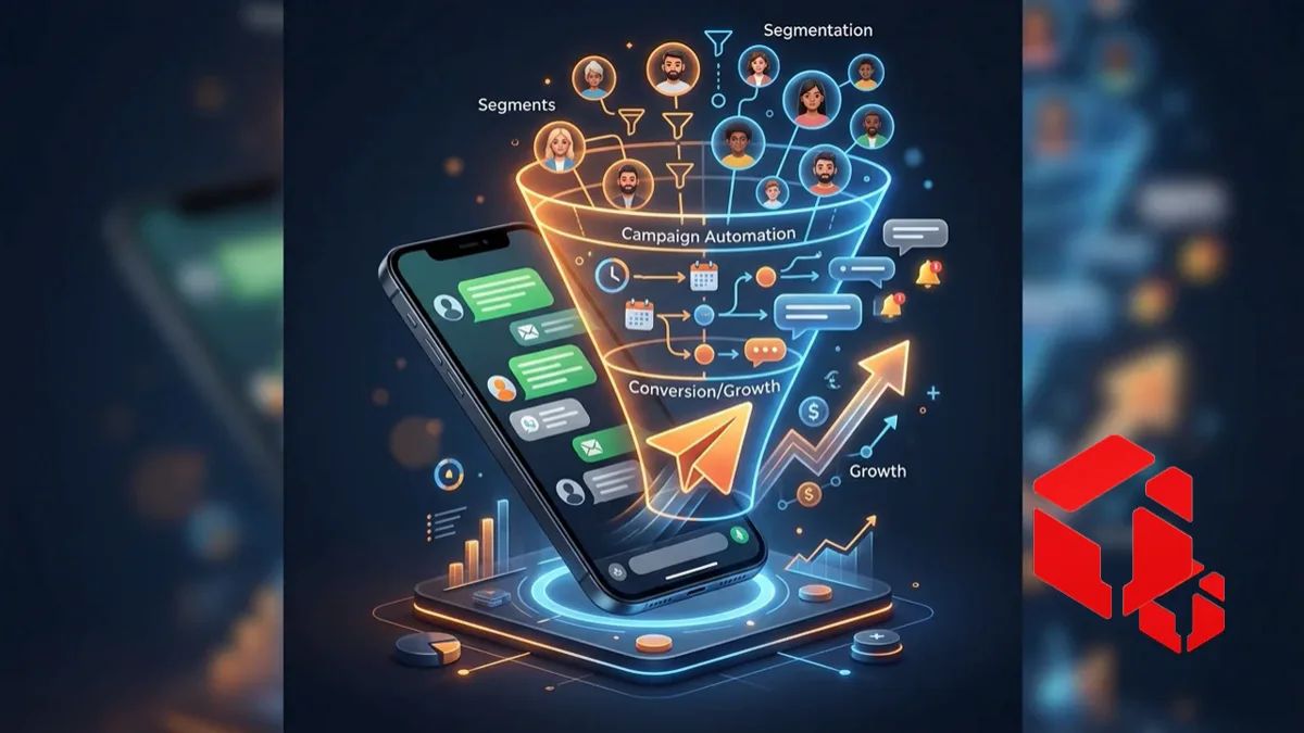 Smartphone com conversas de WhatsApp e funil de campanha de marketing sobre fundo azul-escuro, com logo MIND UP no canto inferior direito