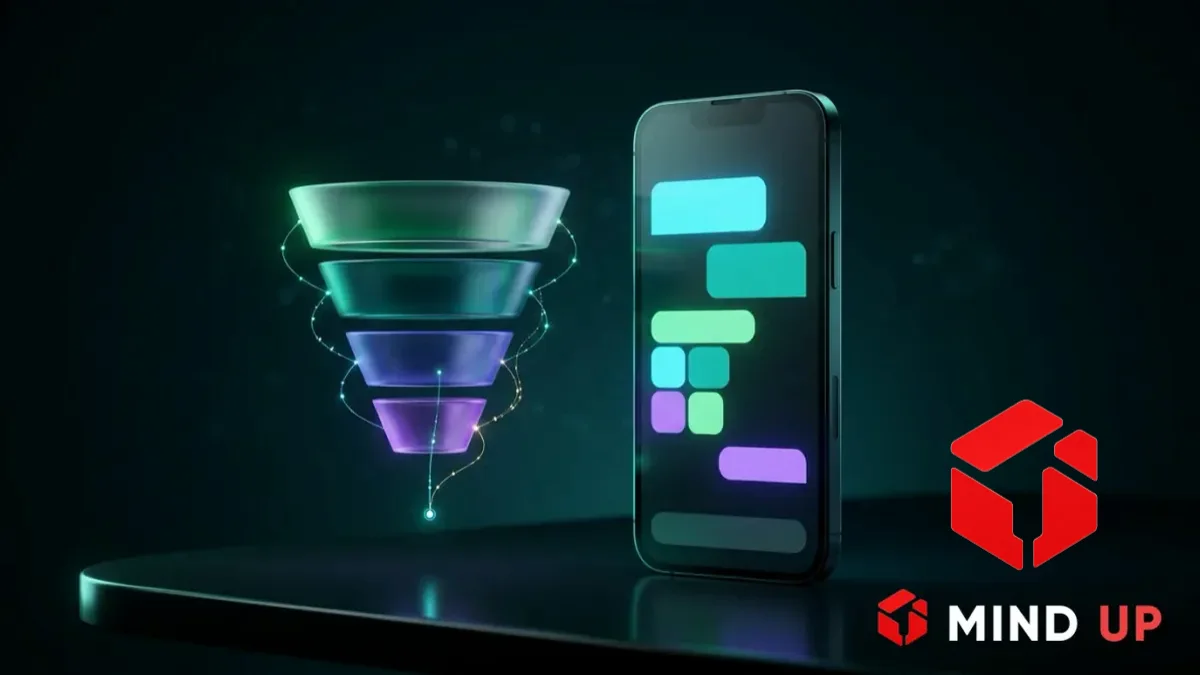 Celular escuro com bolhas de chat iluminadas ao lado de um funil de vendas de vidro translúcido em camadas verdes e violeta, sobre mesa escura com logo MIND UP no canto