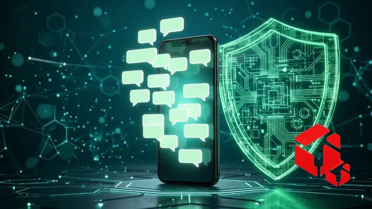 Ilustração 3D em tons escuros de segurança digital com escudo translúcido brilhante protegendo smartphone com conversas de WhatsApp e logo MIND UP
