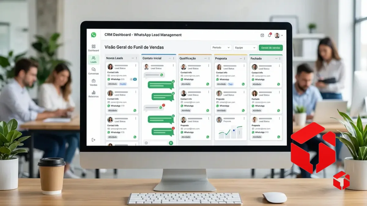 Equipe acompanhando funil de leads e conversas de WhatsApp em painel de CRM