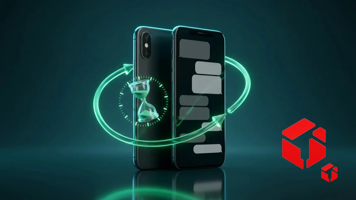 Celular com conversa de WhatsApp e um fluxo de follow-up agendado, com ampulheta e seta circular em fundo escuro, ao lado do logo MIND UP
